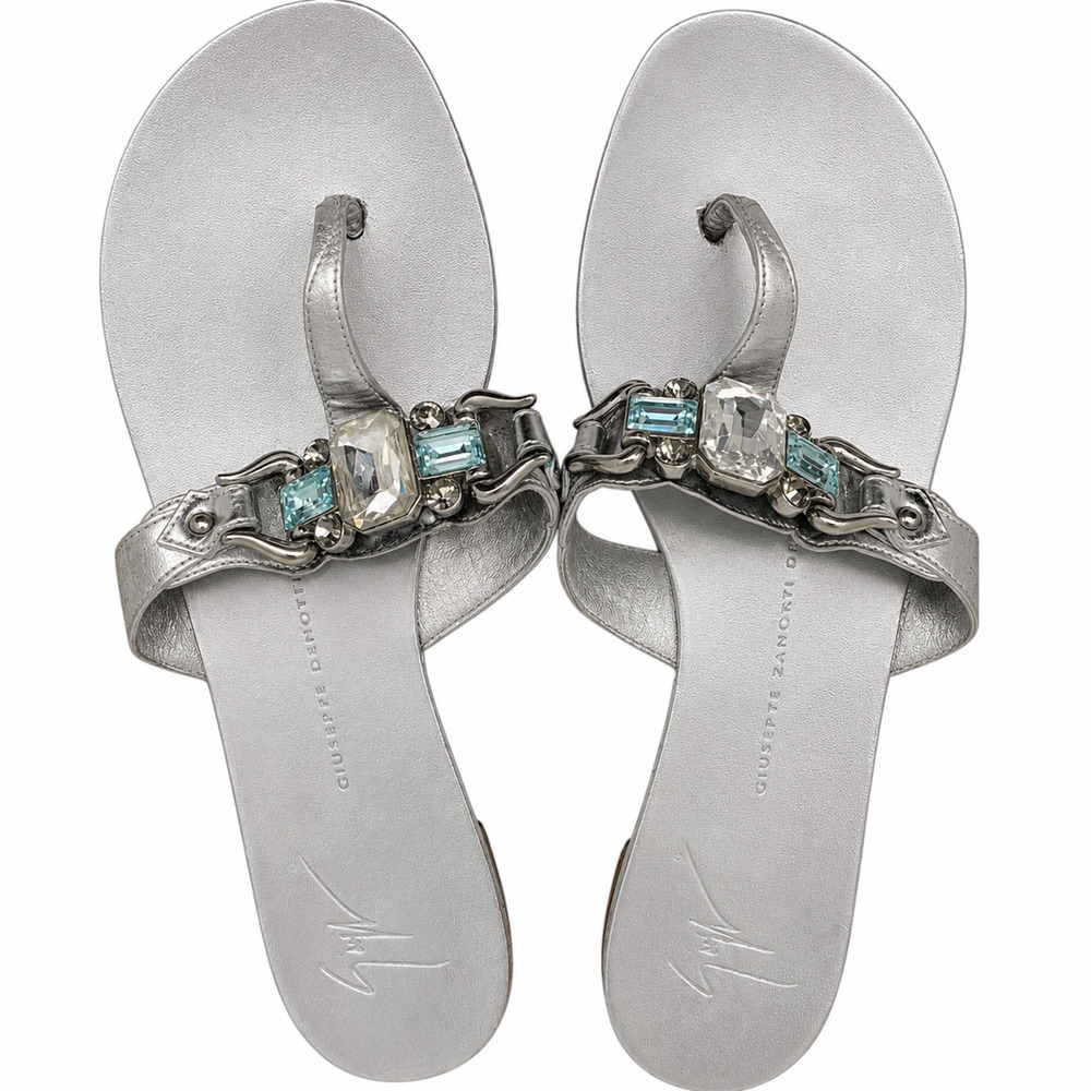 Giuseppe Zanotti Rock 10 Silver Mirror Leather Crystal Sandals Sz 7 Box Italy - Picture 3 of 10